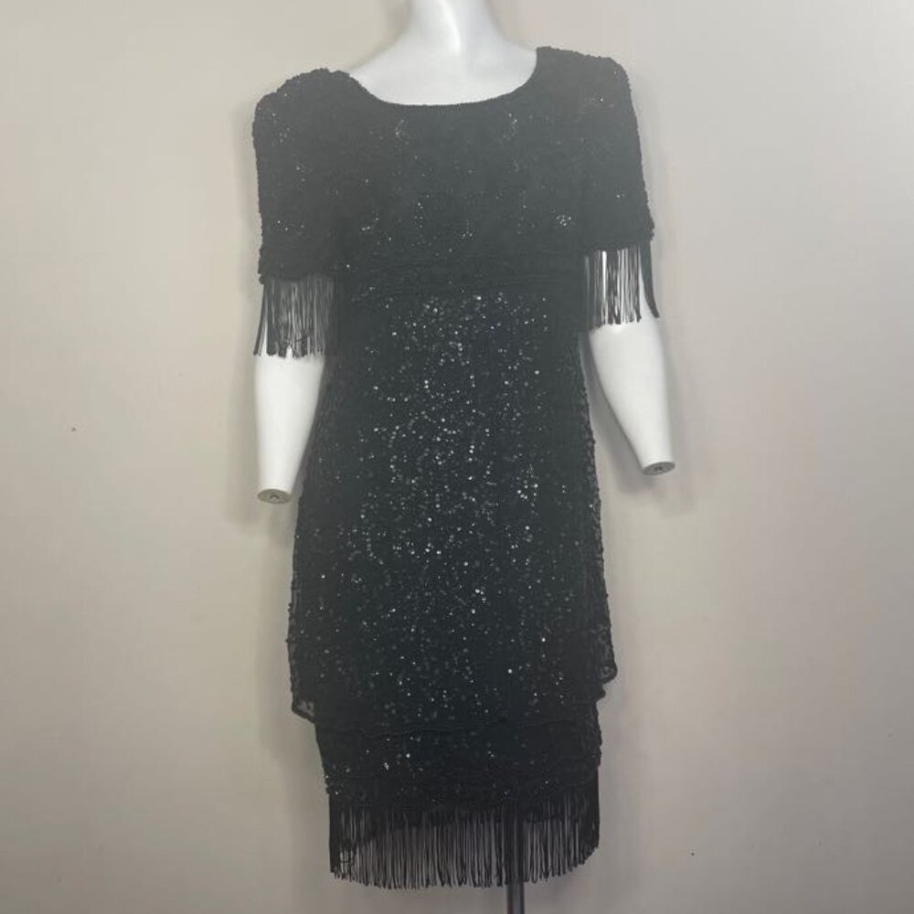 Laurence Kazar Dress Sz PS Petite Small Silk Beaded Sequins Black Fringe Evening